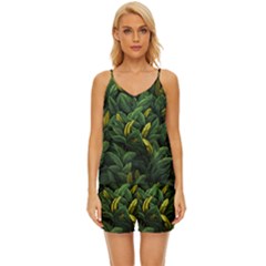 Banana leaves V-Neck Satin Pajamas Set