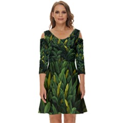 Banana leaves Shoulder Cut Out Zip Up Dress