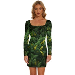 Banana leaves Long Sleeve Square Neck Bodycon Velvet Dress