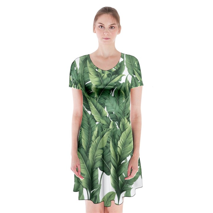 Green banana leaves Short Sleeve V-neck Flare Dress