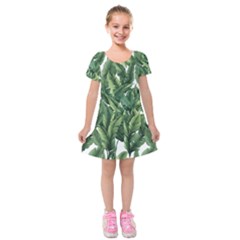 Green Banana Leaves Kids  Short Sleeve Velvet Dress