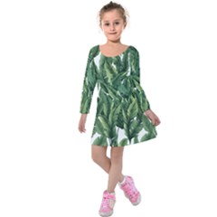 Green Banana Leaves Kids  Long Sleeve Velvet Dress