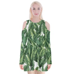 Green Banana Leaves Velvet Long Sleeve Shoulder Cutout Dress