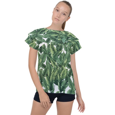 Green Banana Leaves Ruffle Collar Chiffon Blouse by goljakoff