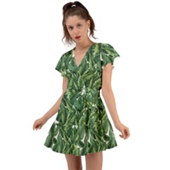 Green Banana Leaves Flutter Sleeve Wrap Dress by goljakoff