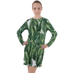 Green Banana Leaves Long Sleeve Hoodie Dress