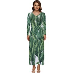 Green Banana Leaves Long Sleeve Longline Maxi Dress by goljakoff