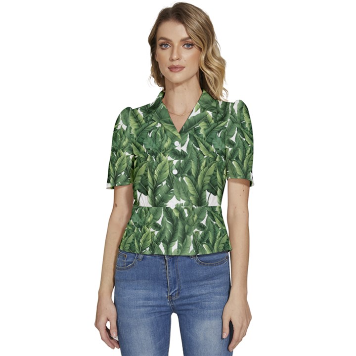 Green banana leaves Puffed Short Sleeve Button Up Jacket