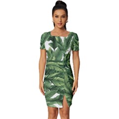 Green Banana Leaves Fitted Knot Split End Bodycon Dress