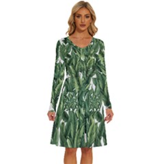 Green Banana Leaves Long Sleeve Dress With Pocket by goljakoff