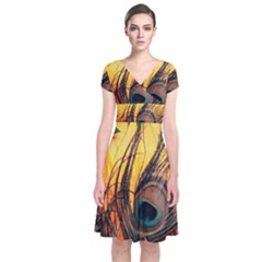 City Light Sky Landmark Painting Short Sleeve Front Wrap Dress by Cemarart