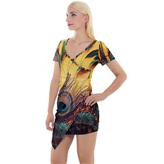 City Light Sky Landmark Painting Short Sleeve Asymmetric Mini Dress by Cemarart