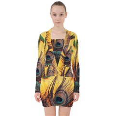 City Light Sky Landmark Painting V-neck Bodycon Long Sleeve Dress by Cemarart