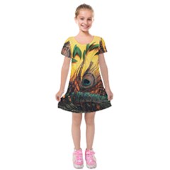 City Light Sky Landmark Painting Kids  Short Sleeve Velvet Dress