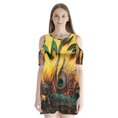 City Light Sky Landmark Painting Shoulder Cutout Velvet One Piece by Cemarart