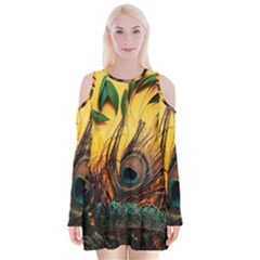 City Light Sky Landmark Painting Velvet Long Sleeve Shoulder Cutout Dress by Cemarart