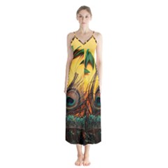 City Light Sky Landmark Painting Button Up Chiffon Maxi Dress by Cemarart