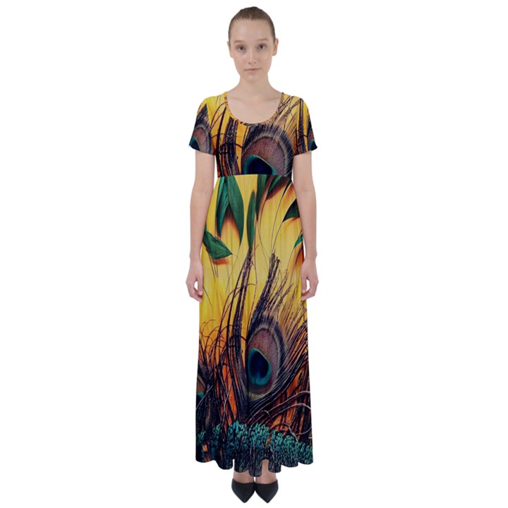 Art Paint Landscape Mountain High Waist Short Sleeve Maxi Dress