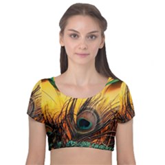 Art Paint Landscape Mountain Velvet Short Sleeve Crop Top  by Cemarart