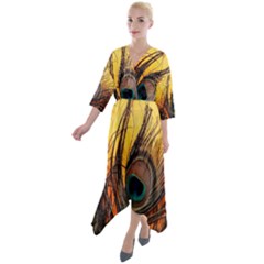 City Light Sky Landmark Painting Quarter Sleeve Wrap Front Maxi Dress by Cemarart