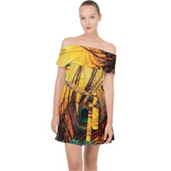 Art Paint Landscape Mountain Off Shoulder Chiffon Dress by Cemarart