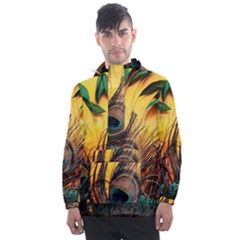 Art Paint Landscape Mountain Men s Front Pocket Pullover Windbreaker by Cemarart