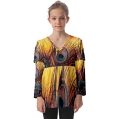 City Light Sky Landmark Painting Kids  V Neck Casual Top by Cemarart