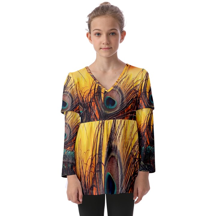 City Light Sky Landmark Painting Kids  V Neck Casual Top