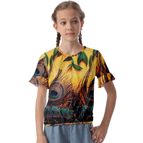 City Light Sky Landmark Painting Kids  Cuff Sleeve Scrunch Bottom T-shirt by Cemarart