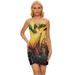 City Light Sky Landmark Painting Wrap Tie Front Dress by Cemarart