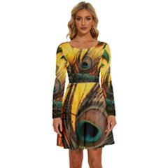 City Light Sky Landmark Painting Long Sleeve Wide Neck Velvet Dress by Cemarart