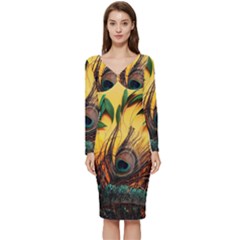 Art Paint Landscape Mountain Long Sleeve V-neck Bodycon Dress  by Cemarart