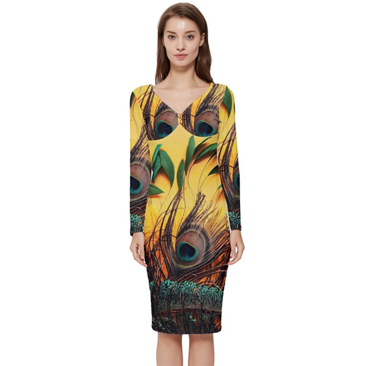 Art Paint Landscape Mountain Long Sleeve V-Neck Bodycon Dress 