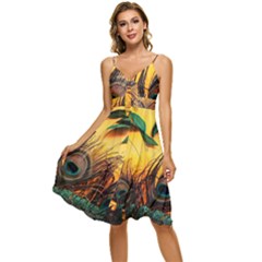 Art Paint Landscape Mountain Sleeveless Tie Front Chiffon Dress by Cemarart