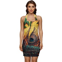 Art Paint Landscape Mountain Sleeveless Wide Square Neckline Ruched Bodycon Dress by Cemarart