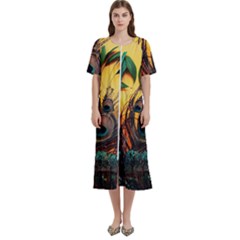 Oceans Stunning Painting Sunset Scenery Wave Paradise Beache Mountains Women s Cotton Short Sleeve Nightgown by Cemarart