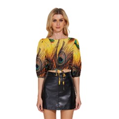 Art Paint Landscape Mountain Mid Sleeve Drawstring Hem Top by Cemarart