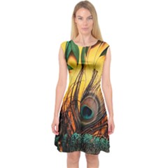 Oceans Stunning Painting Sunset Scenery Wave Paradise Beache Mountains Capsleeve Midi Dress by Cemarart