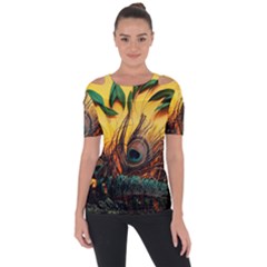 Oceans Stunning Painting Sunset Scenery Wave Paradise Beache Mountains Shoulder Cut Out Short Sleeve Top by Cemarart