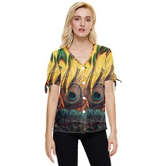 Oceans Stunning Painting Sunset Scenery Wave Paradise Beache Mountains Bow Sleeve Button Up Top by Cemarart