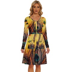 Oceans Stunning Painting Sunset Scenery Wave Paradise Beache Mountains Long Sleeve Dress With Pocket by Cemarart