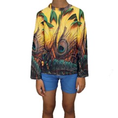 Sunset Illustration Water Night Sun Landscape Grass Clouds Painting Digital Art Drawing Kids  Long Sleeve Swimwear by Cemarart