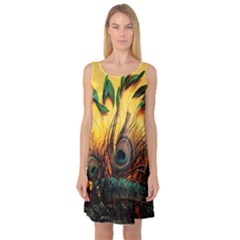 Sunset Illustration Water Night Sun Landscape Grass Clouds Painting Digital Art Drawing Sleeveless Satin Nightdress by Cemarart