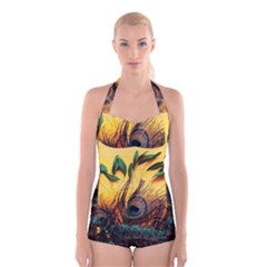 Sunset Illustration Water Night Sun Landscape Grass Clouds Painting Digital Art Drawing Boyleg Halter Swimsuit  by Cemarart