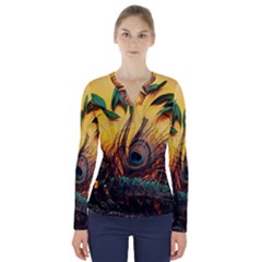 Sunset Illustration Water Night Sun Landscape Grass Clouds Painting Digital Art Drawing V-neck Long Sleeve Top by Cemarart