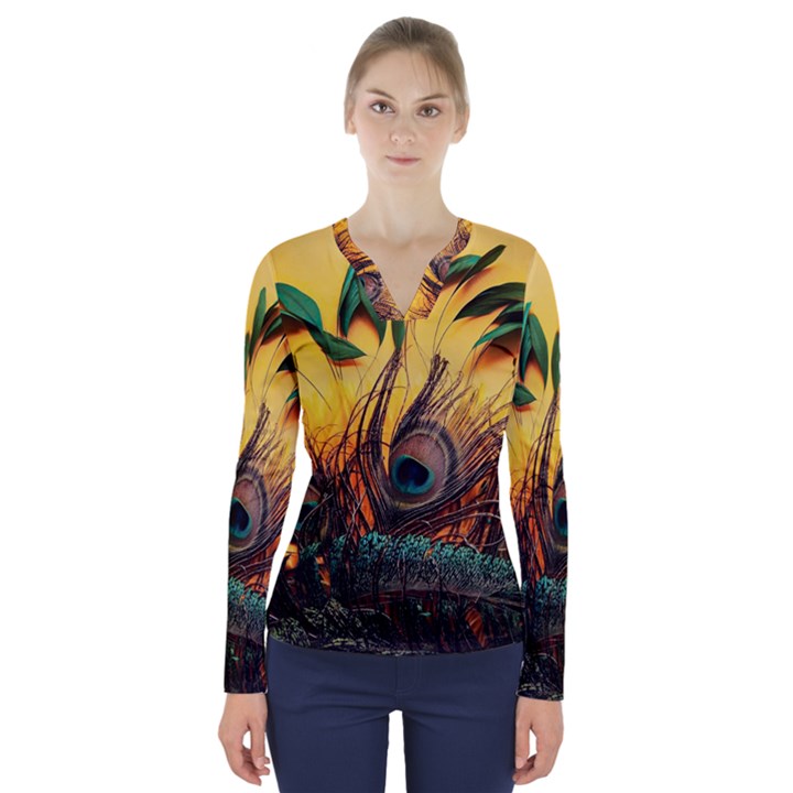 Sunset Illustration Water Night Sun Landscape Grass Clouds Painting Digital Art Drawing V-Neck Long Sleeve Top