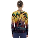 Sunset Illustration Water Night Sun Landscape Grass Clouds Painting Digital Art Drawing V-Neck Long Sleeve Top View2