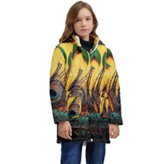 Sunset Illustration Water Night Sun Landscape Grass Clouds Painting Digital Art Drawing Kids  Hooded Longline Puffer Jacket by Cemarart