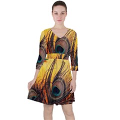 Sunset Illustration Water Night Sun Landscape Grass Clouds Painting Digital Art Drawing Quarter Sleeve Ruffle Waist Dress by Cemarart