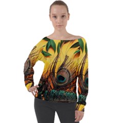 Sunset Illustration Water Night Sun Landscape Grass Clouds Painting Digital Art Drawing Off Shoulder Long Sleeve Velour Top by Cemarart